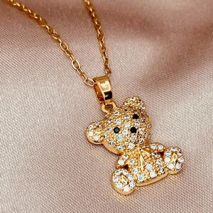 Adorable Teddy Bear Pave CZ Pendant Dainty Chain Necklace in Gold